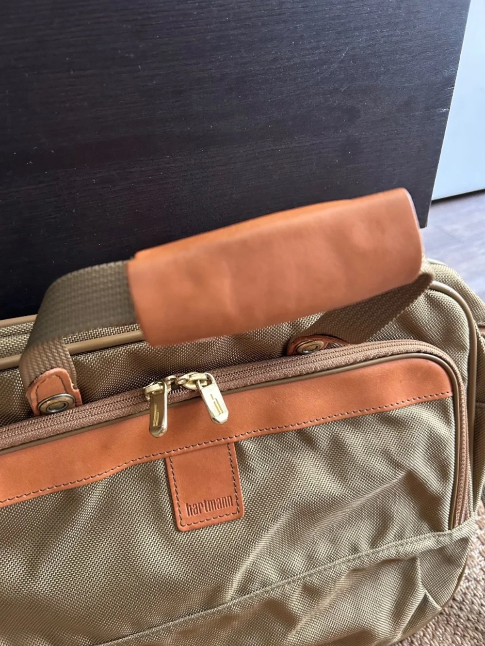 Hartmann EUC sage green ballistic nylon tan leather commuter bag briefcase 16 in